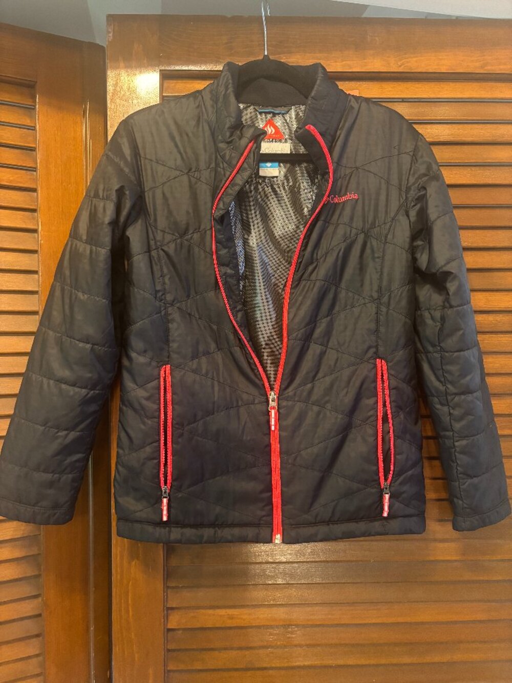 Columbia Omni-Heat Black Quilted Jacket Pink Coral Trim Women’s L